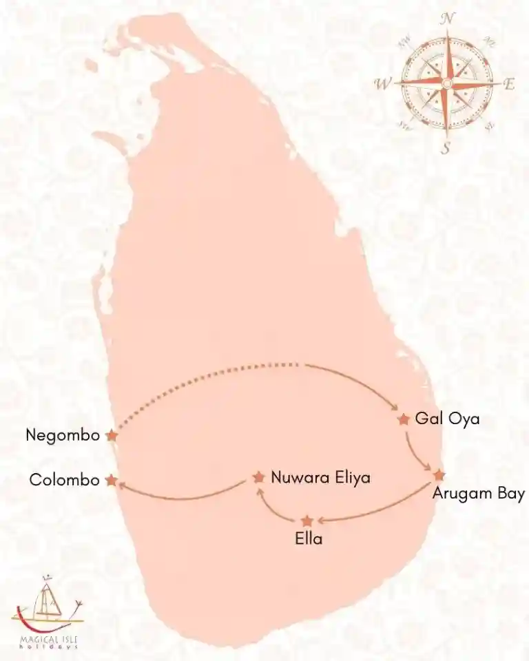 map of Hideouts Sri Lanka tour package from magical isle holidays, a travel agency based in new south wales australia with hassle free booking