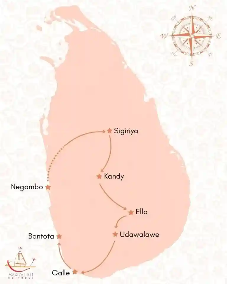 map of Sri Lanka discovery tour package from magical isle holidays, a travel agency based in new south wales australia with hassle free booking